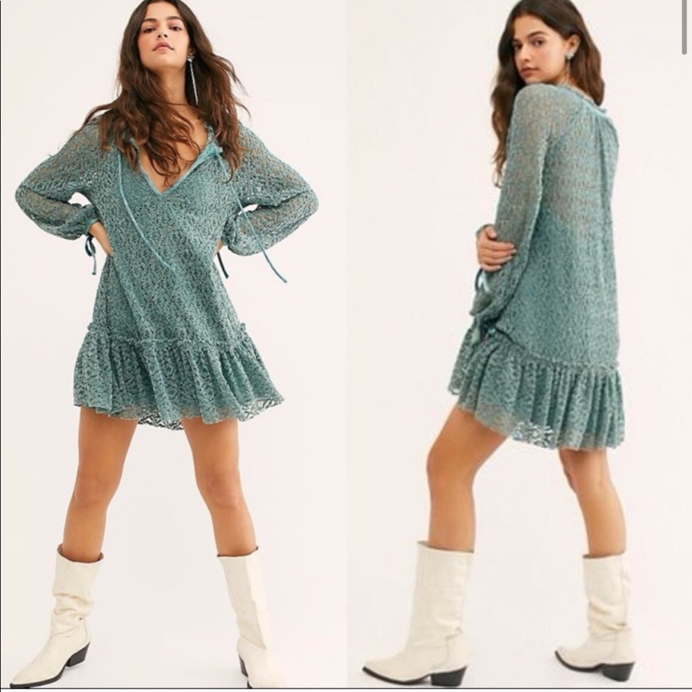 Free People Teal Lace Mini Dress